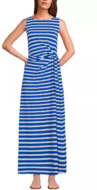 Lands End Tie Waist Maxi Dress Womens S/6-8 Blue-White Modal Stripe Coastal Soft